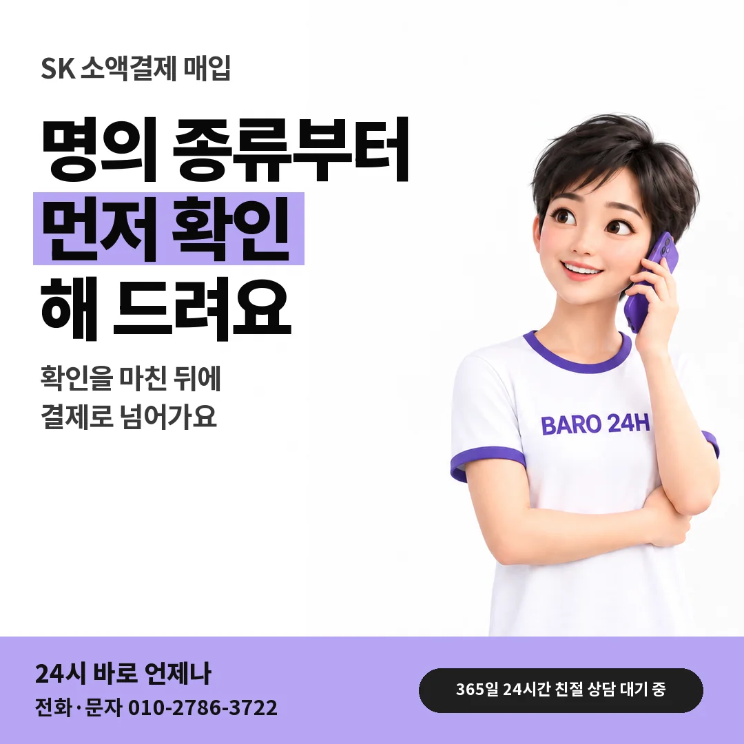 BARO 24H 티셔츠를 입은 3D 인물 옆에 「SK 명의 종류별 확인」 제목을 얹은 안내 카드