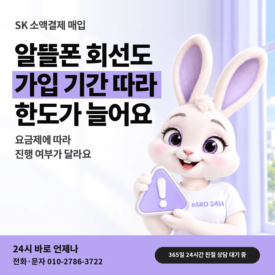 주의 표지판을 든 BARO 24H 티셔츠를 입은 3D 토끼 캐릭터 옆에 「SK 알뜰폰 명의 회선」 제목을 얹은 안내 카드